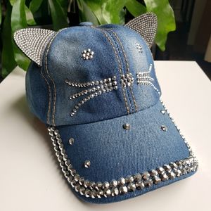 🏖3/$10 NWT Cat Ears Hat Baseball Cap For Girls Sparkle Jean Denim Adjustable